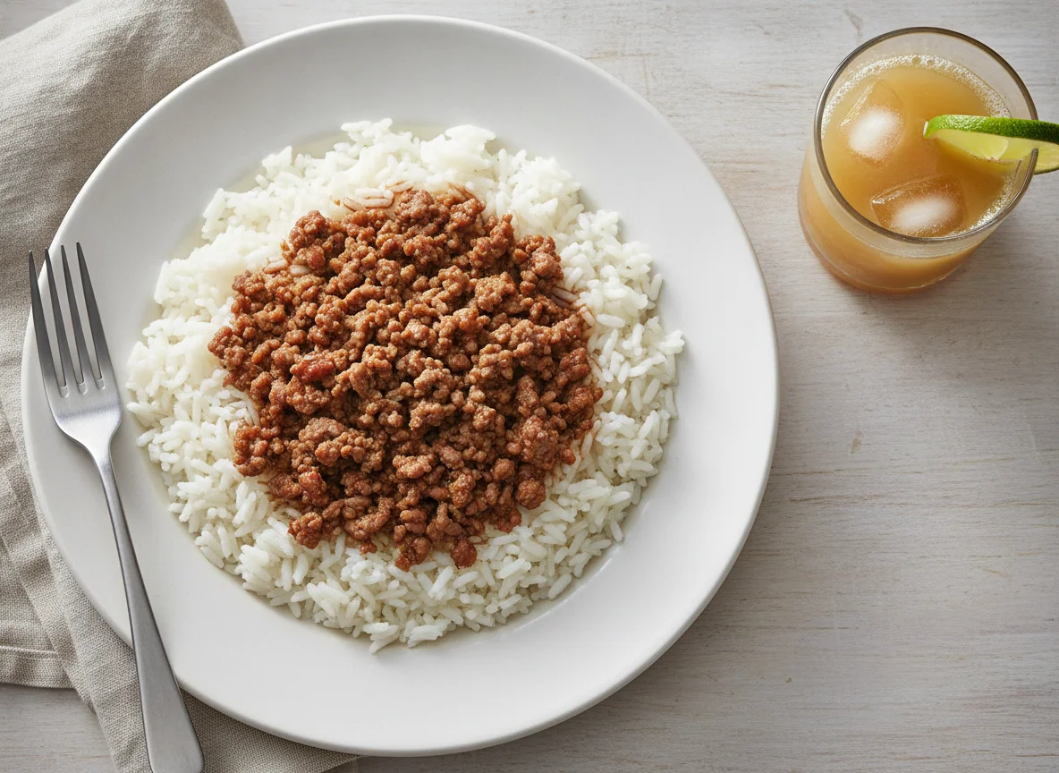 Arroz con carne y jugo photo