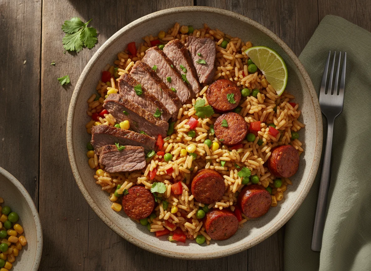 Arroz con carne y longaniza photo