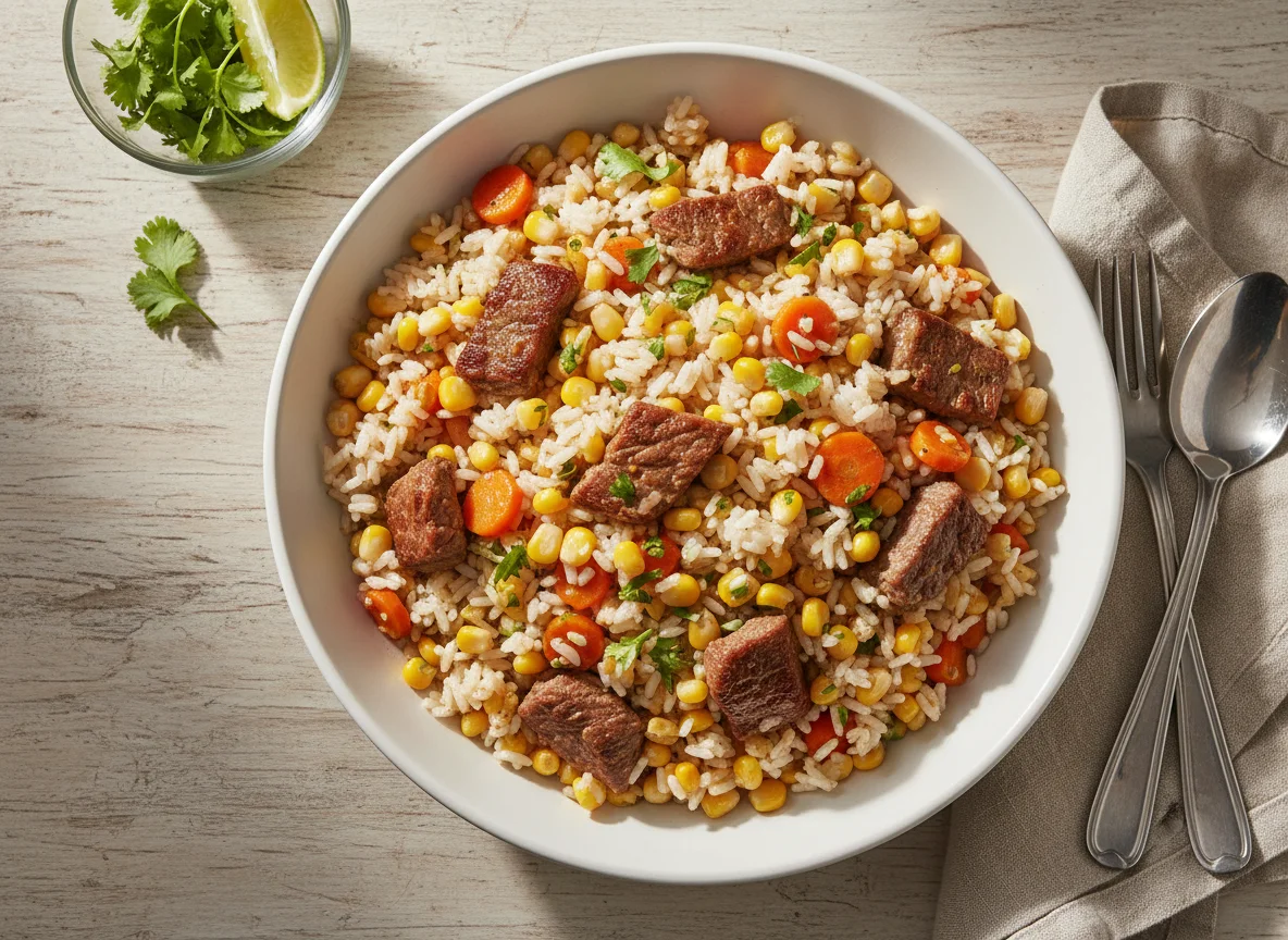 Arroz con carne y maíz photo