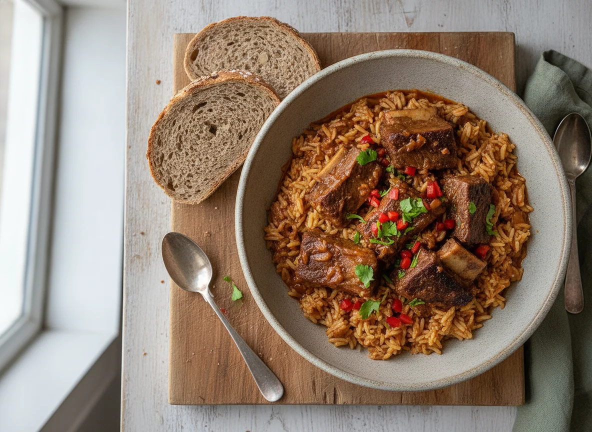 Arroz con carne y pan photo
