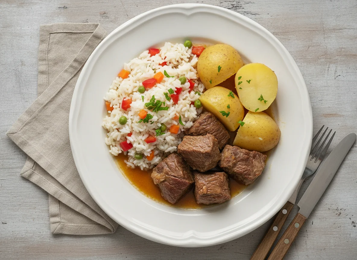Arroz con carne y papa cocida photo