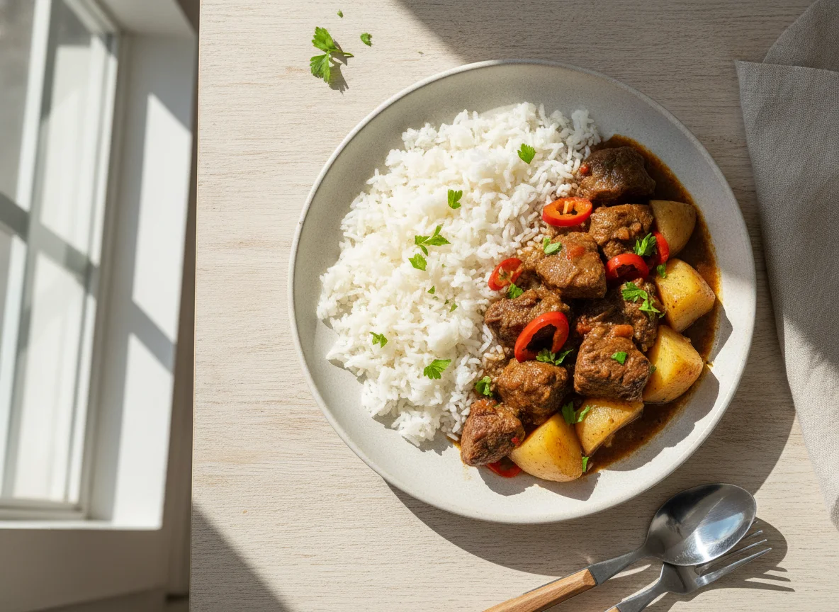 Arroz con carne y papas photo