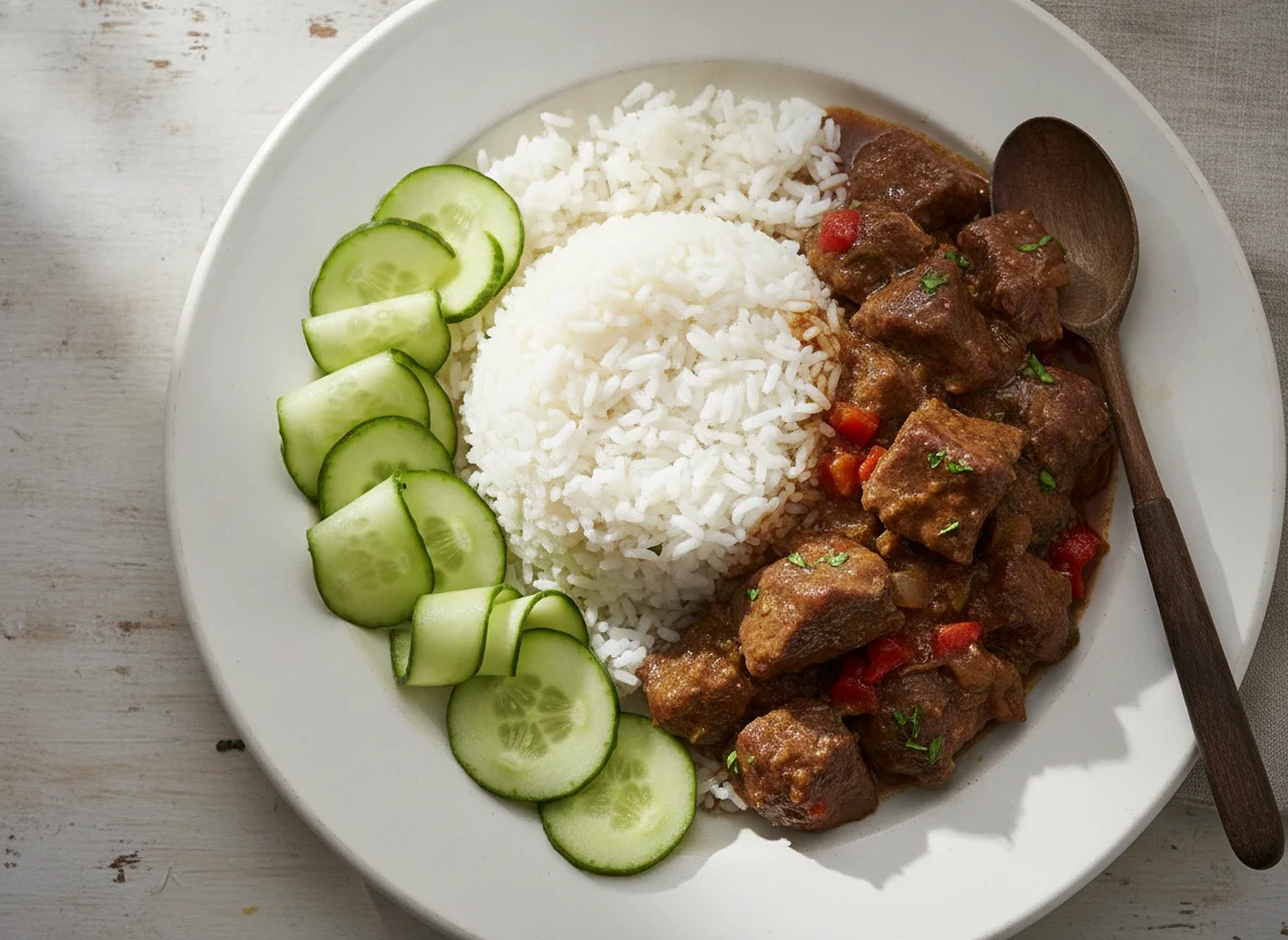 Arroz con carne y pepino photo