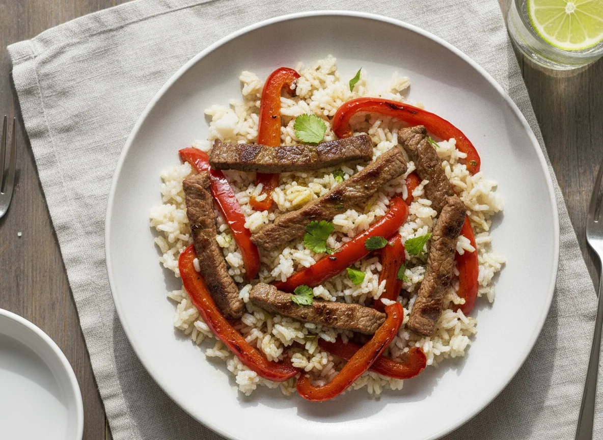 Arroz con carne y pimientos photo