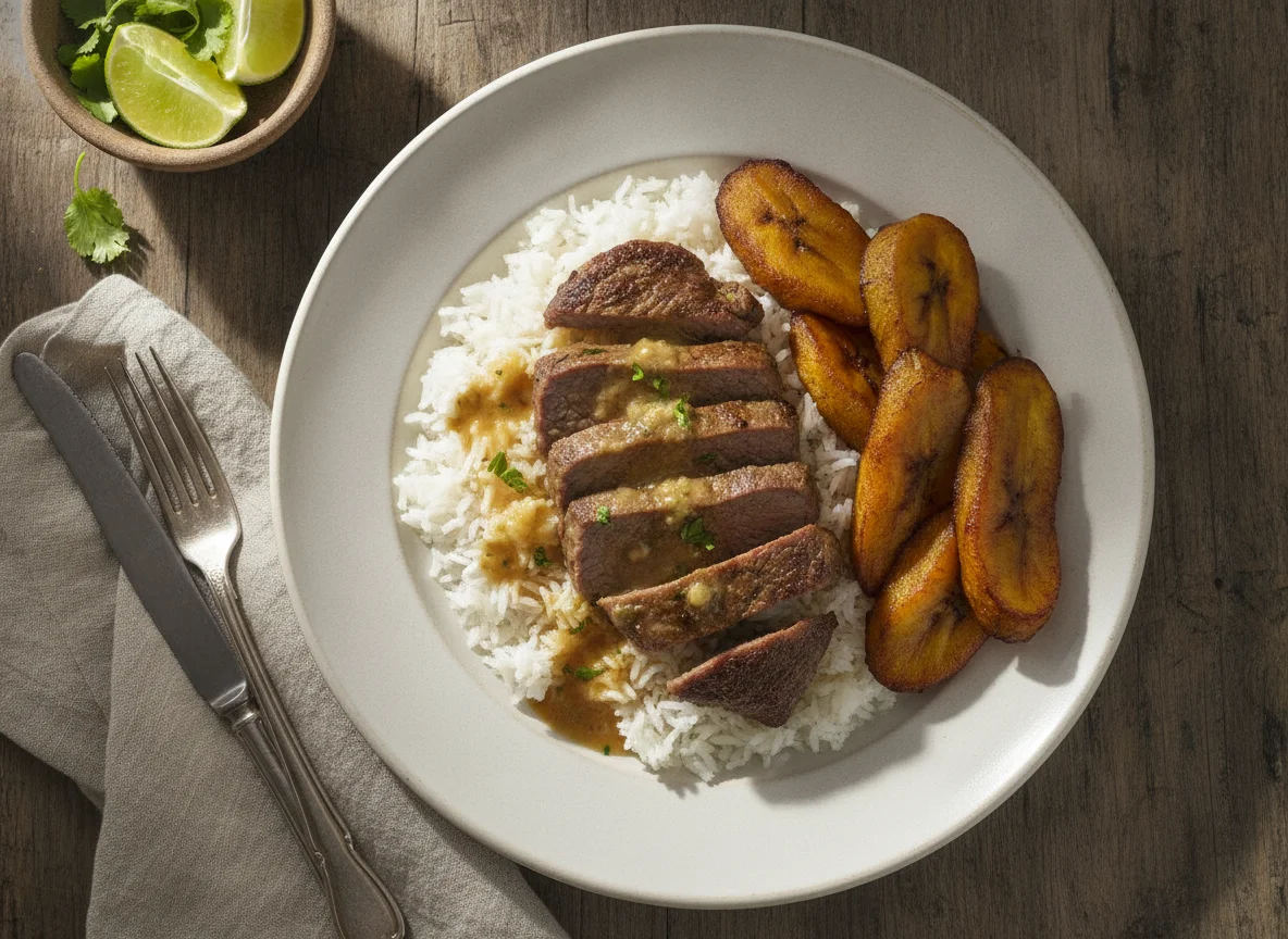 Arroz con carne y plátano maduro photo