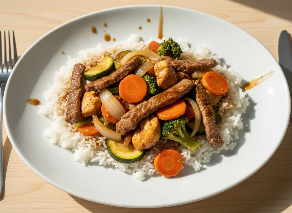 Arroz con carne y pollo salteado con verduras photo
