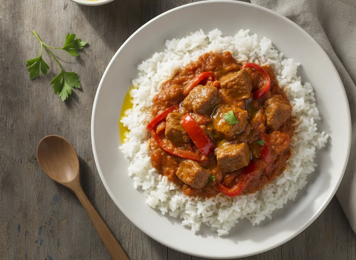 Arroz con carne y tomate photo