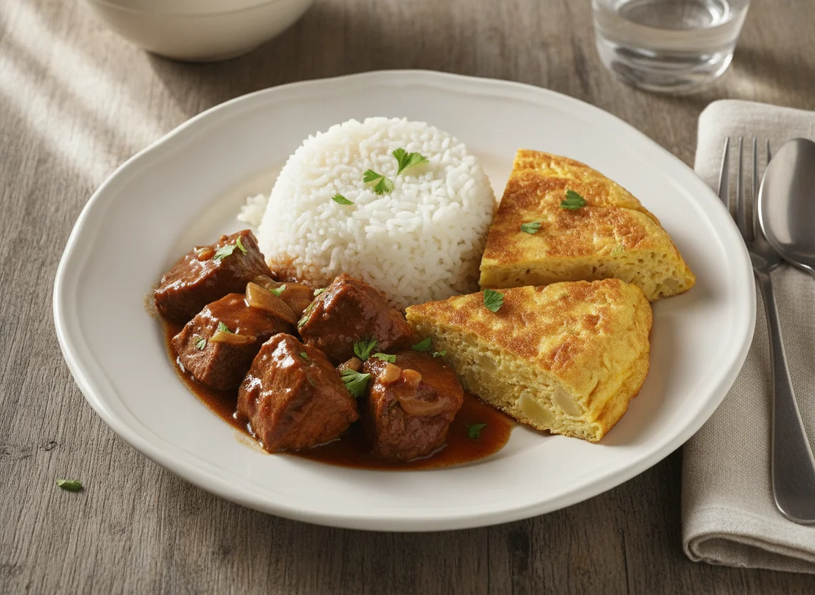Arroz con carne y tortilla photo
