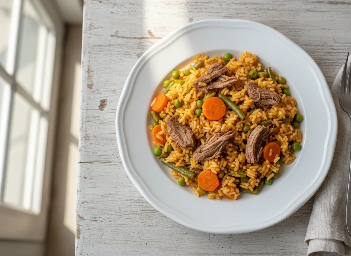 Arroz con carne y vegetales photo