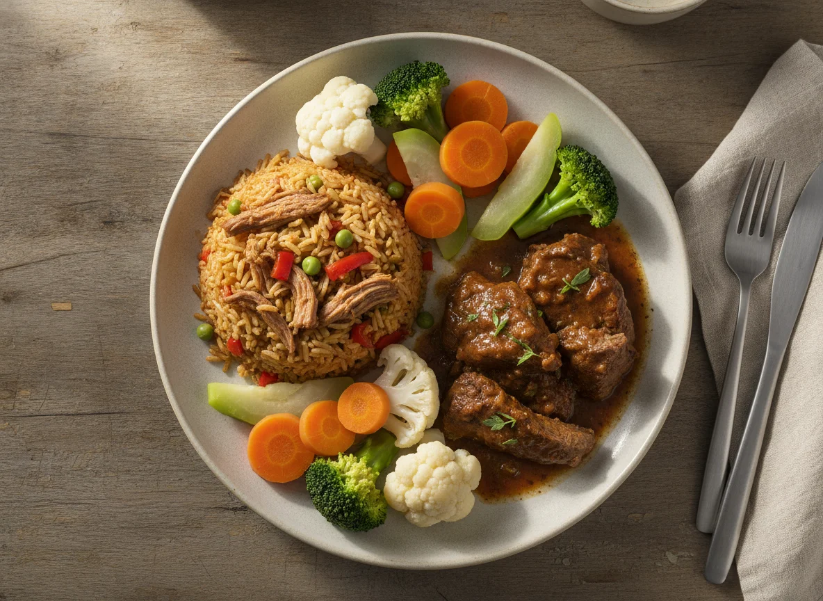 Arroz con carne y vegetales al vapor photo