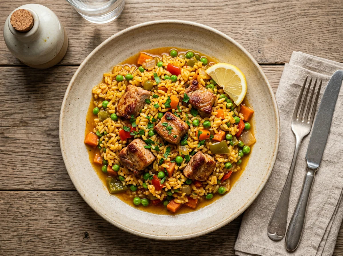 Arroz con carne y verduras photo