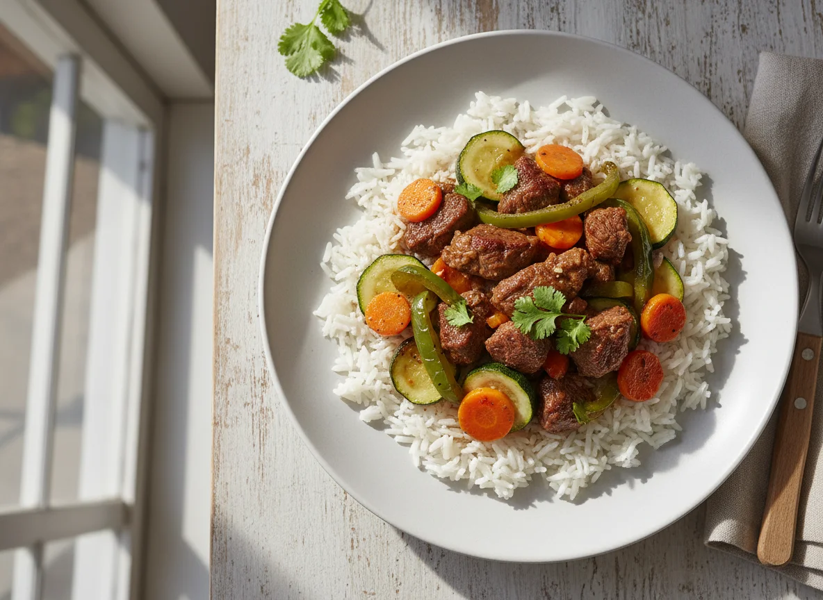 Arroz con carne y verduras salteadas photo
