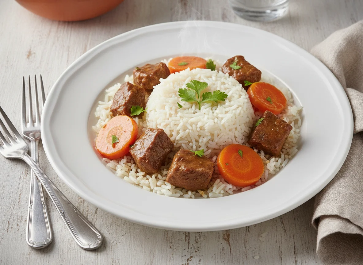 Arroz con carne y zanahorias photo