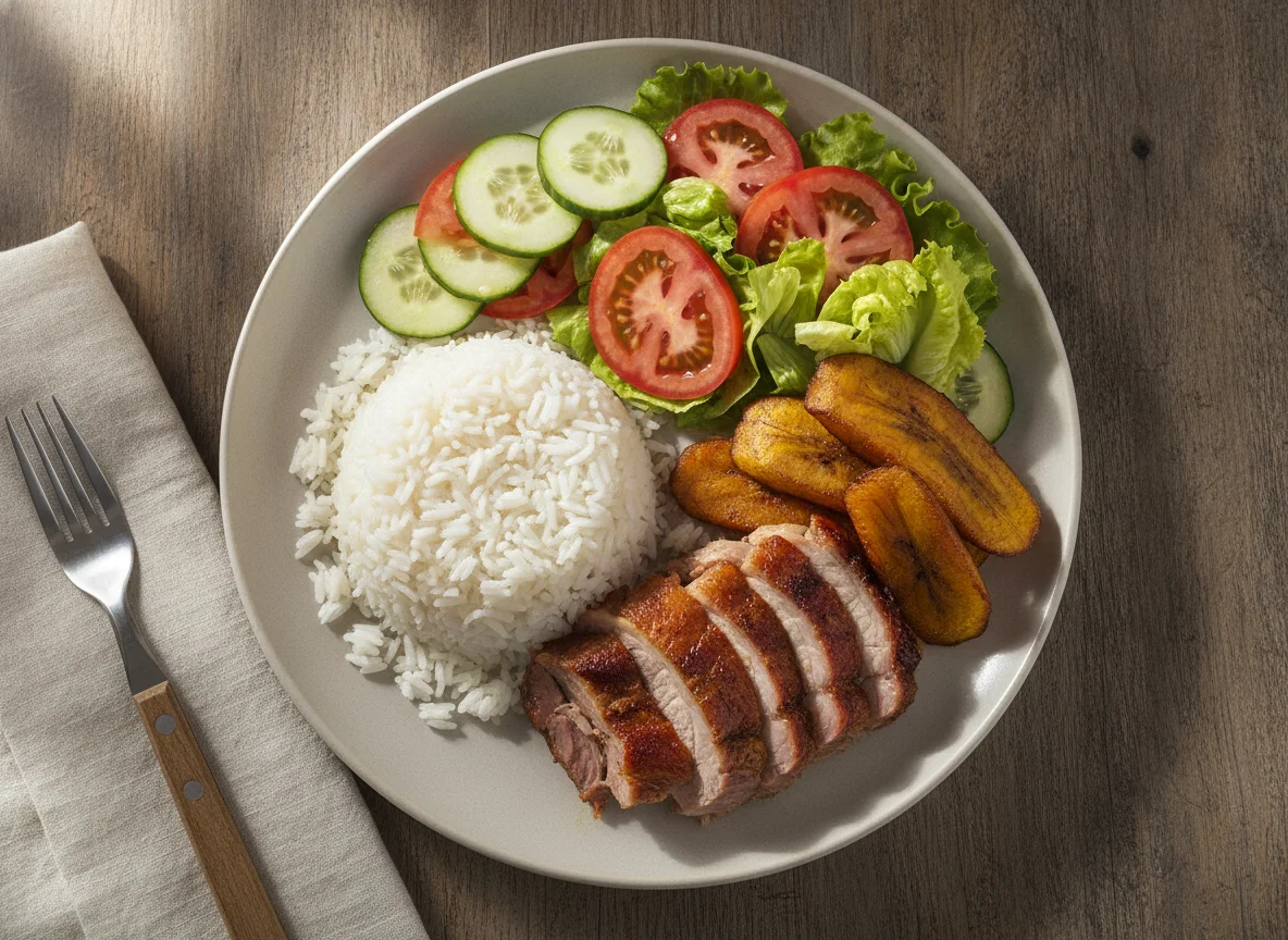 Arroz con cerdo asado, ensalada y maduro photo