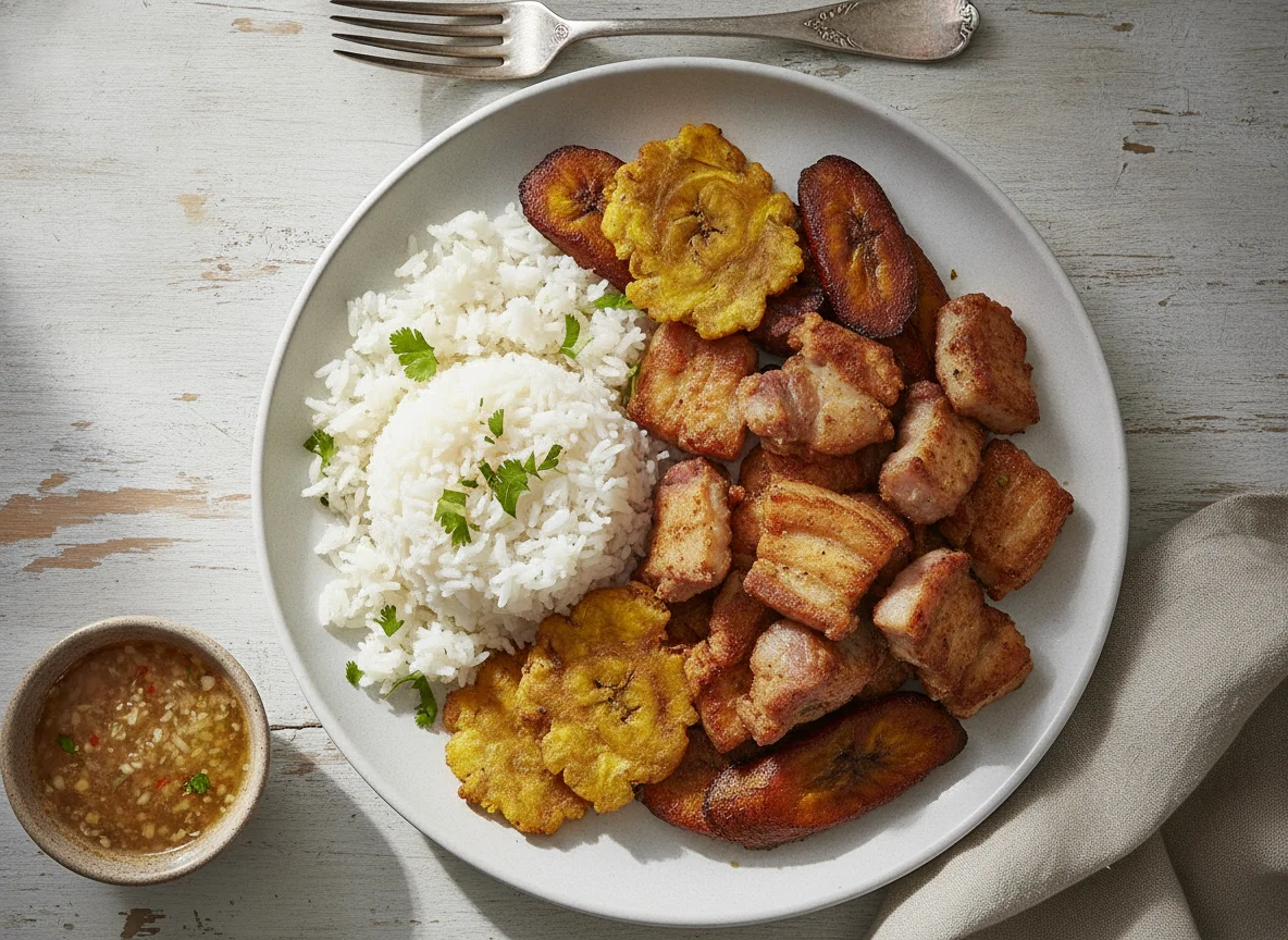 Arroz con cerdo frito y plátano frito photo