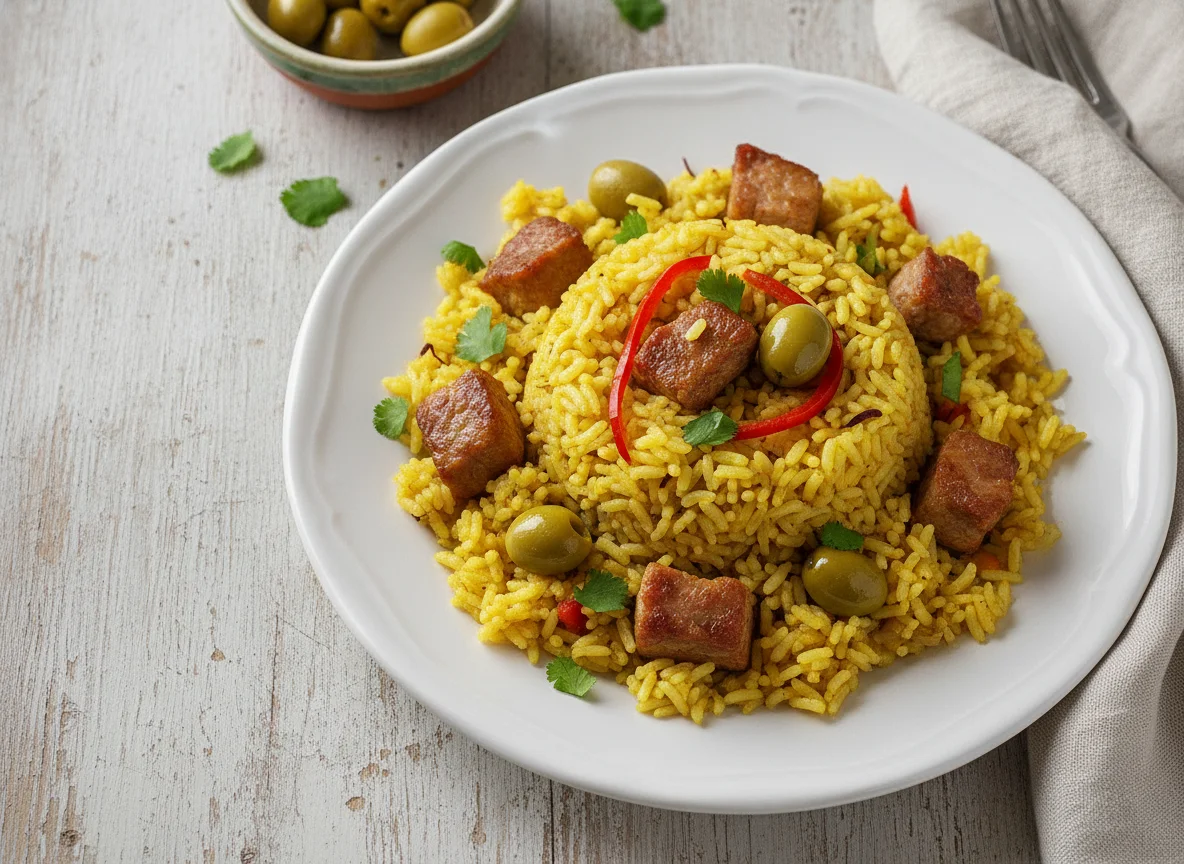 Arroz con cerdo y aceitunas photo