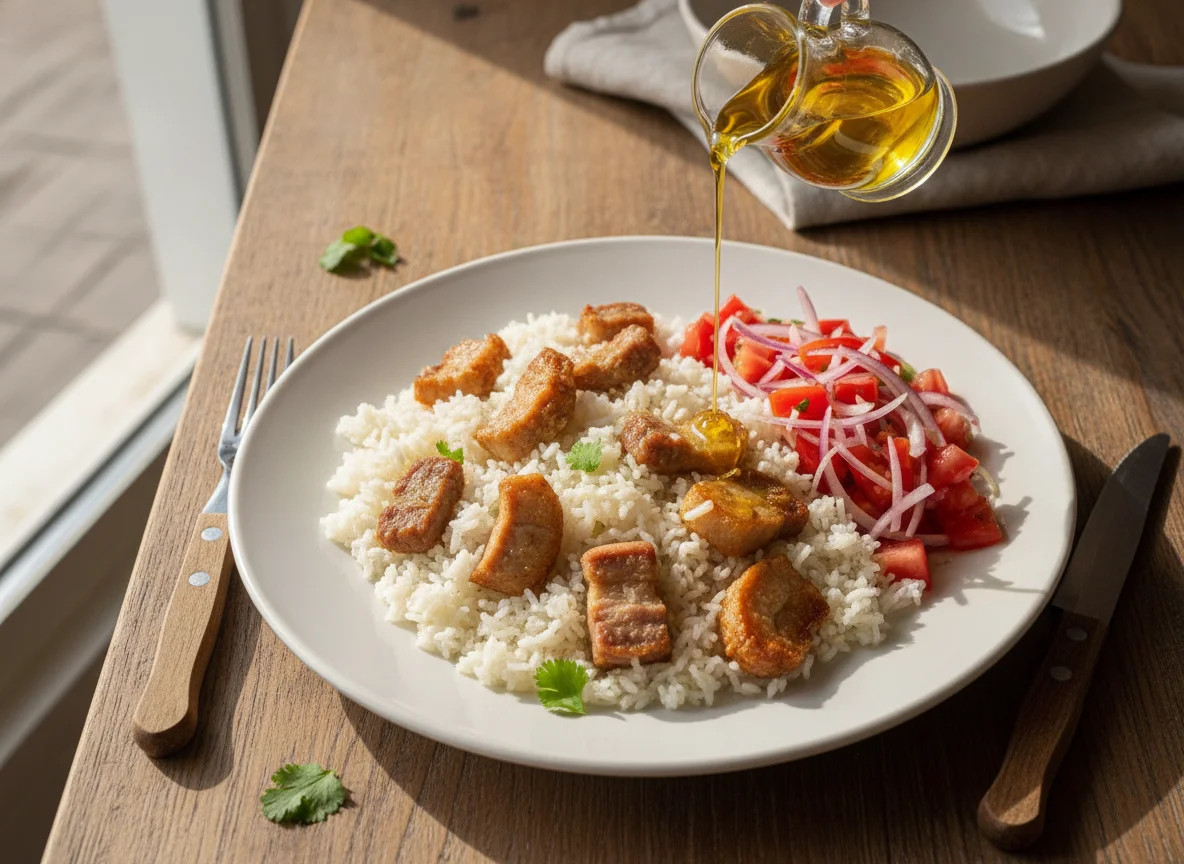 Arroz con cerdo y ensalada criolla photo