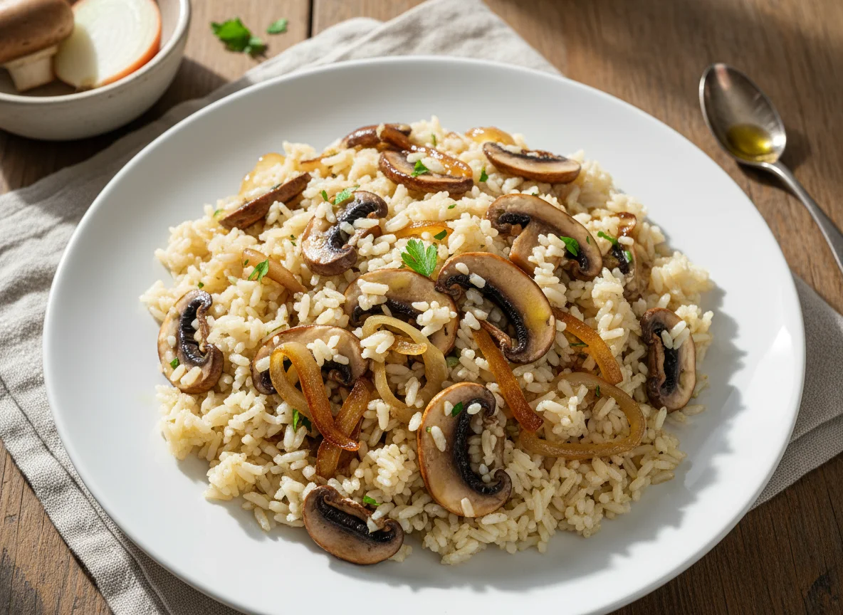 Arroz con champiñones y cebolla photo