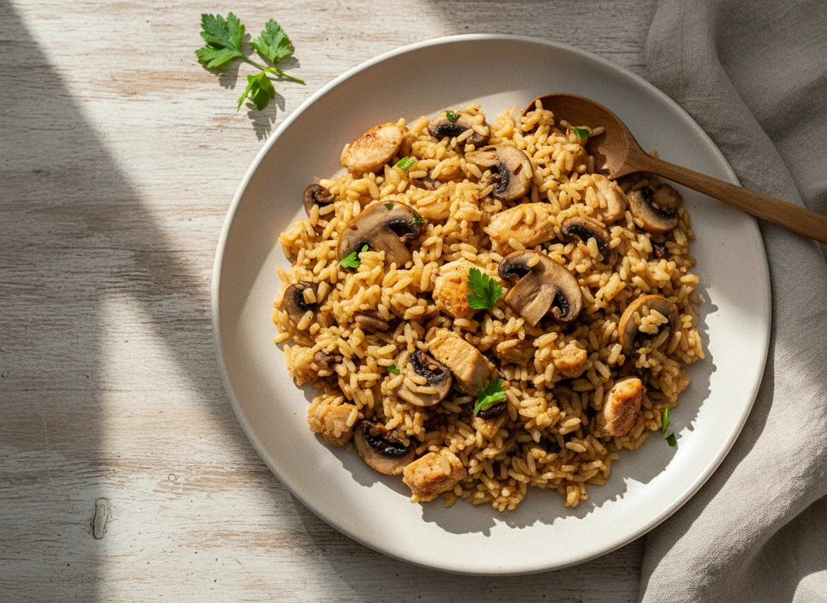 Arroz con champiñones y pollo photo