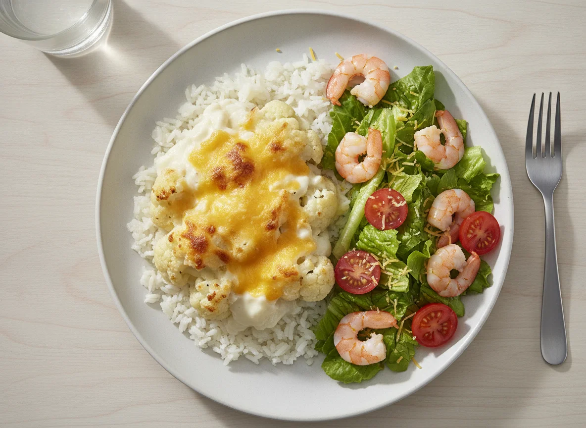 Arroz con coliflor gratinada, ensalada de gambas y queso photo