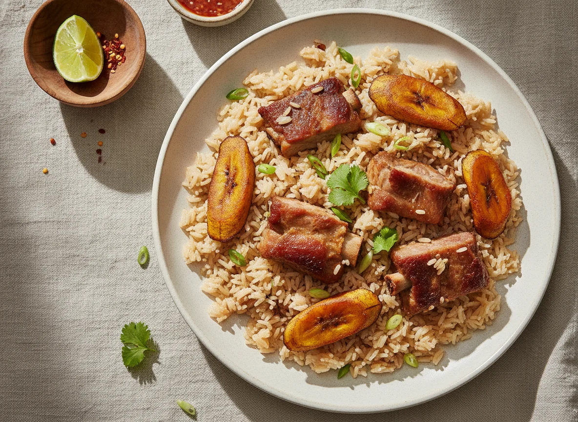 Arroz con costilla de cerdo y plátano maduro photo