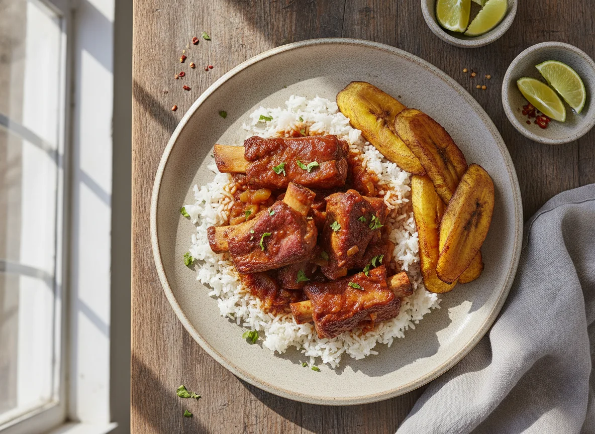 Arroz con costillas de cerdo y plátano frito photo