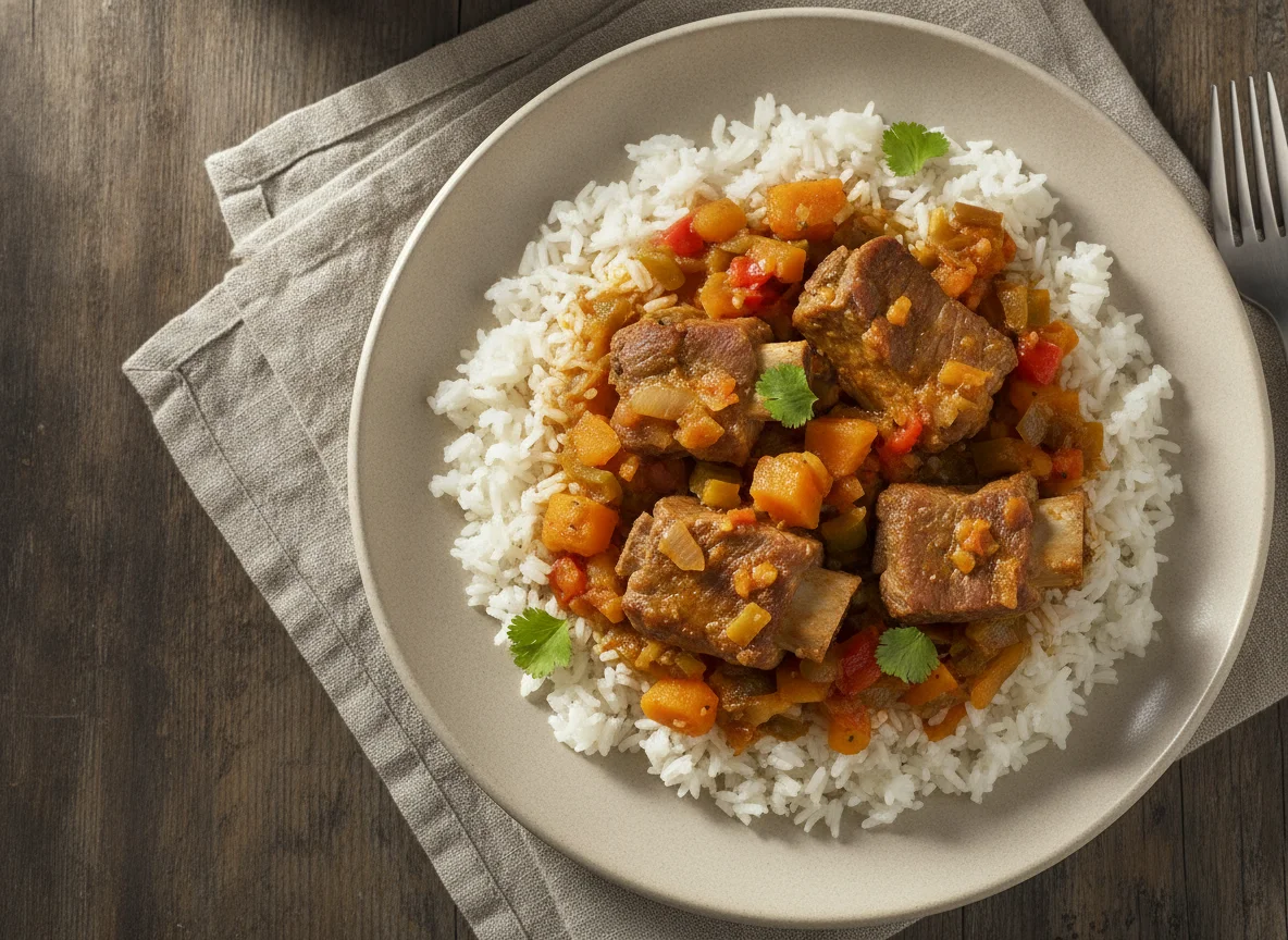 Arroz con costillas de cerdo y salsa de verduras photo
