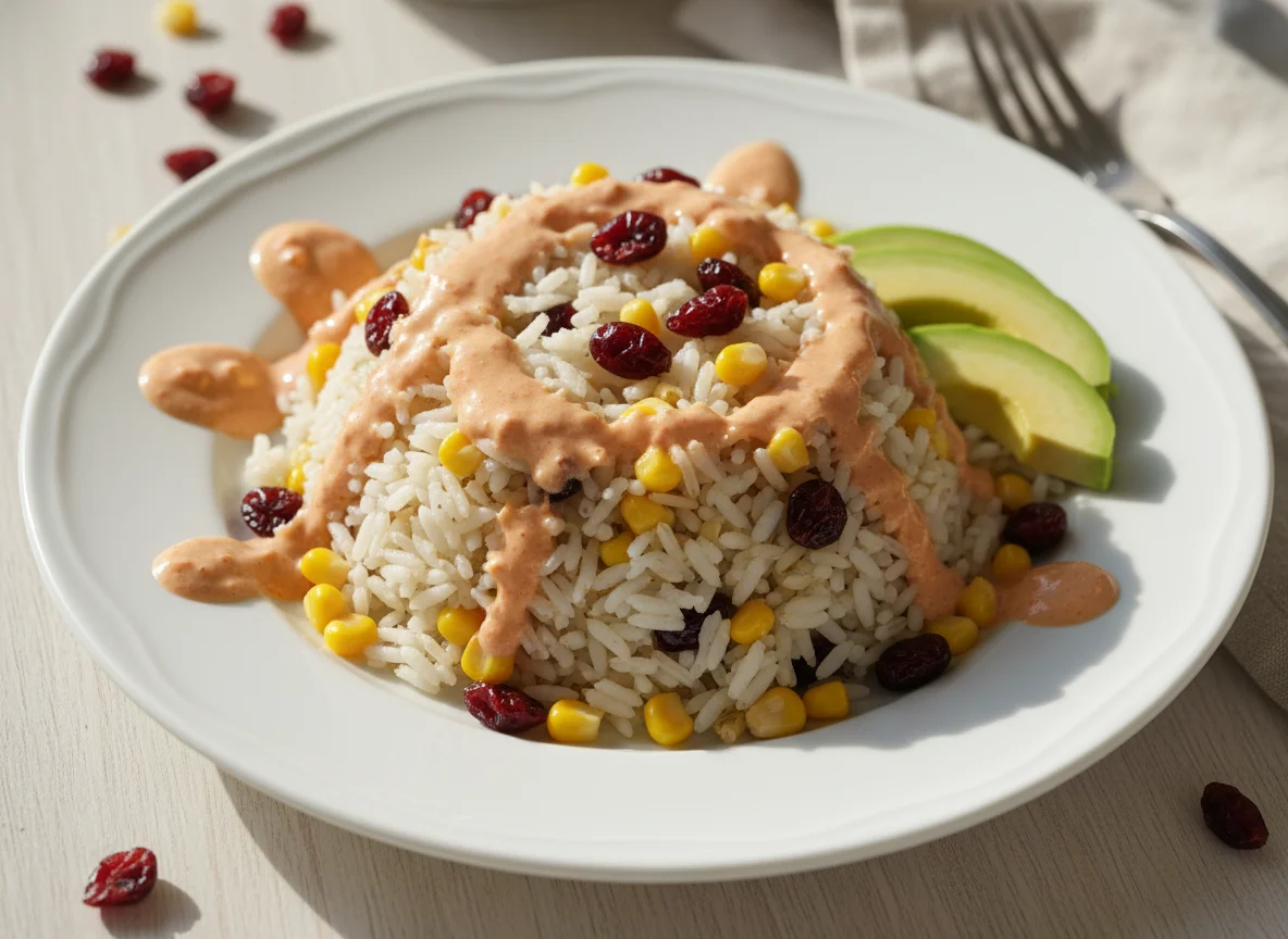 Arroz con elote, arándanos y aderezo photo