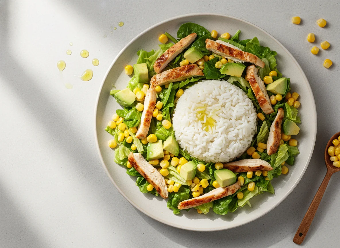 Arroz con ensalada de aguacate y pollo photo