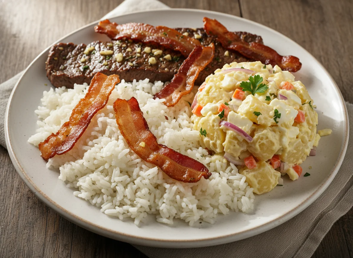 Arroz con ensalada de papa y carne photo