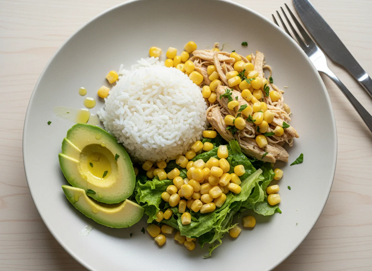 Arroz con ensalada de pollo, aguacate y maíz photo