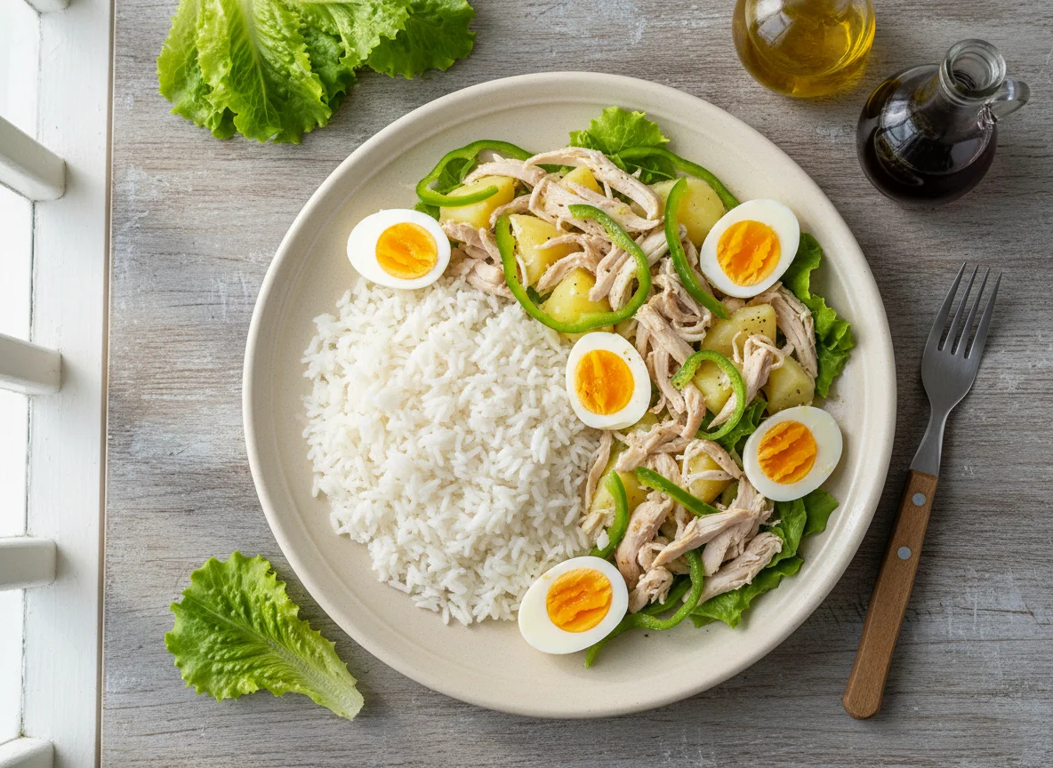 Arroz con ensalada de pollo y huevo photo