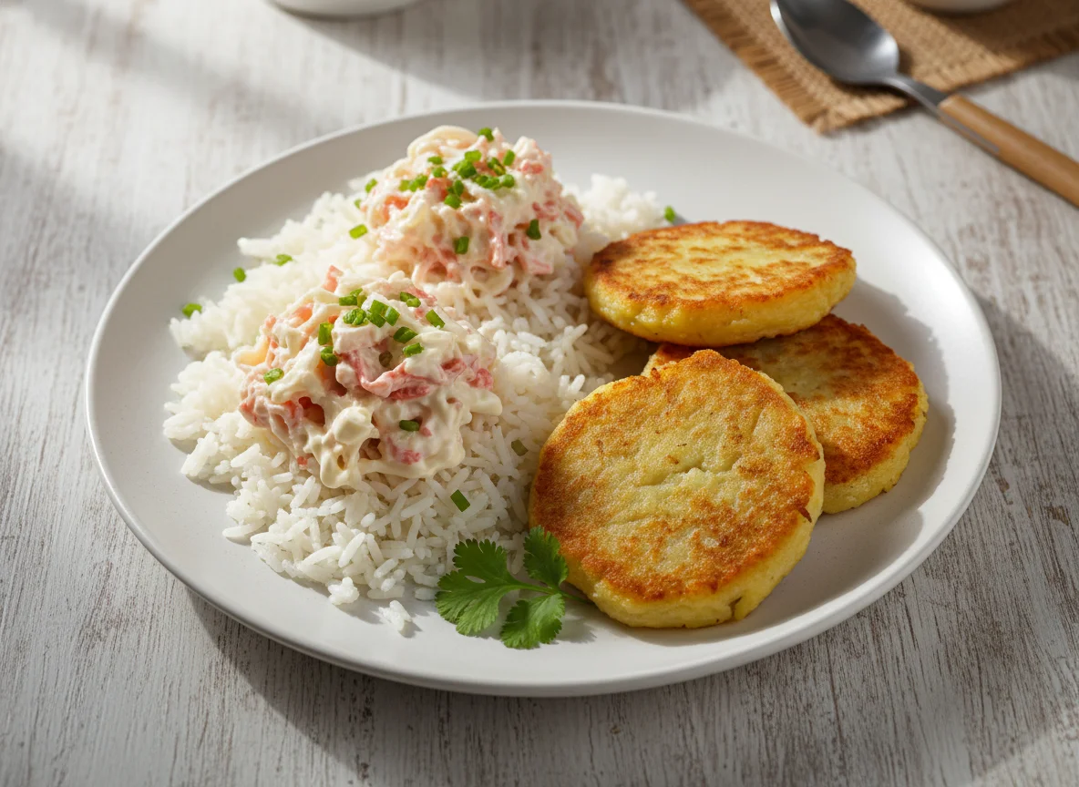 Arroz con ensalada de surimi y tortitas de papa photo