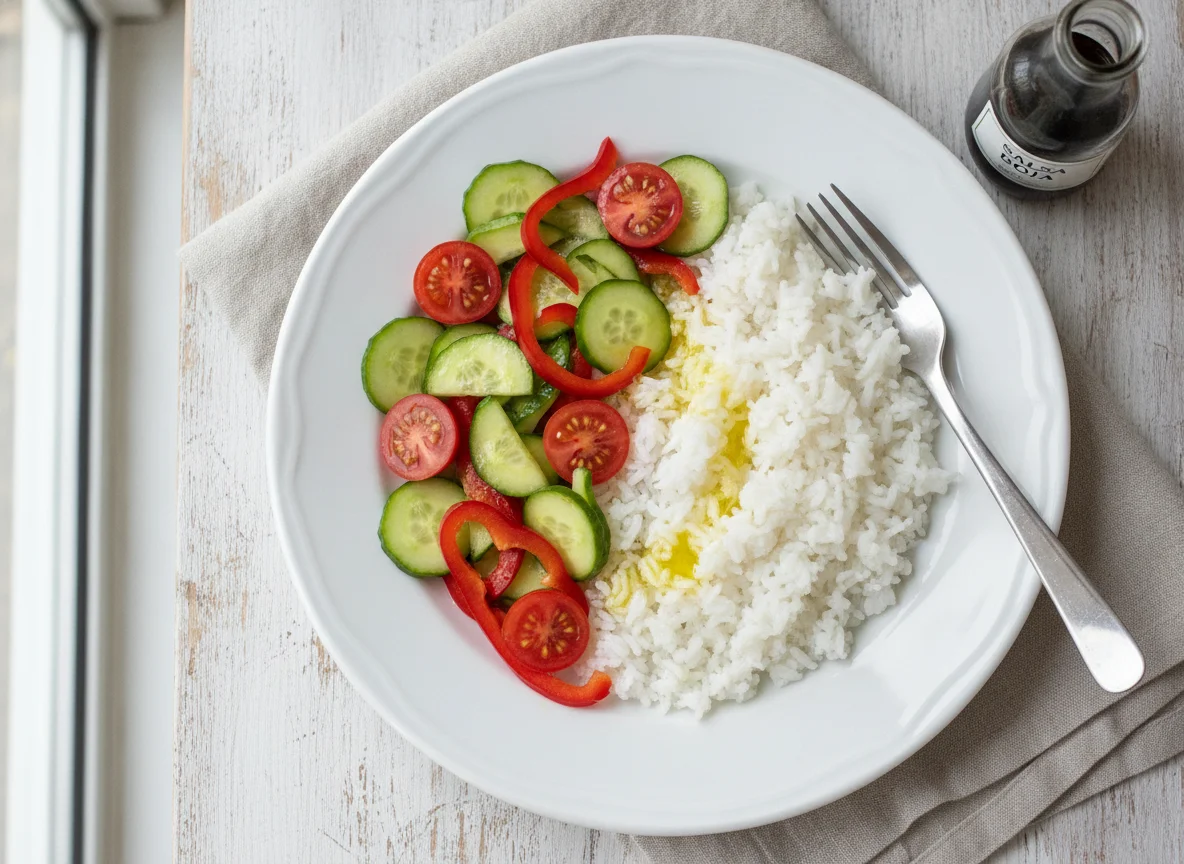 Arroz con ensalada de tomate, pimiento y pepino photo