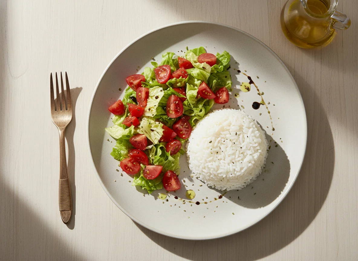 Arroz con ensalada de tomate y lechuga photo