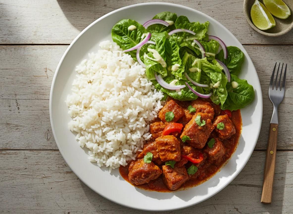 Arroz con ensalada y cerdo en salsa photo