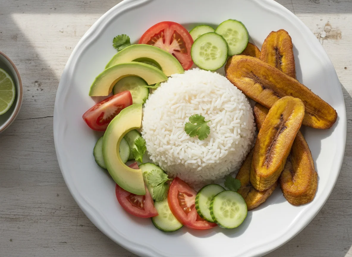 Arroz con ensalada y plátano maduro photo