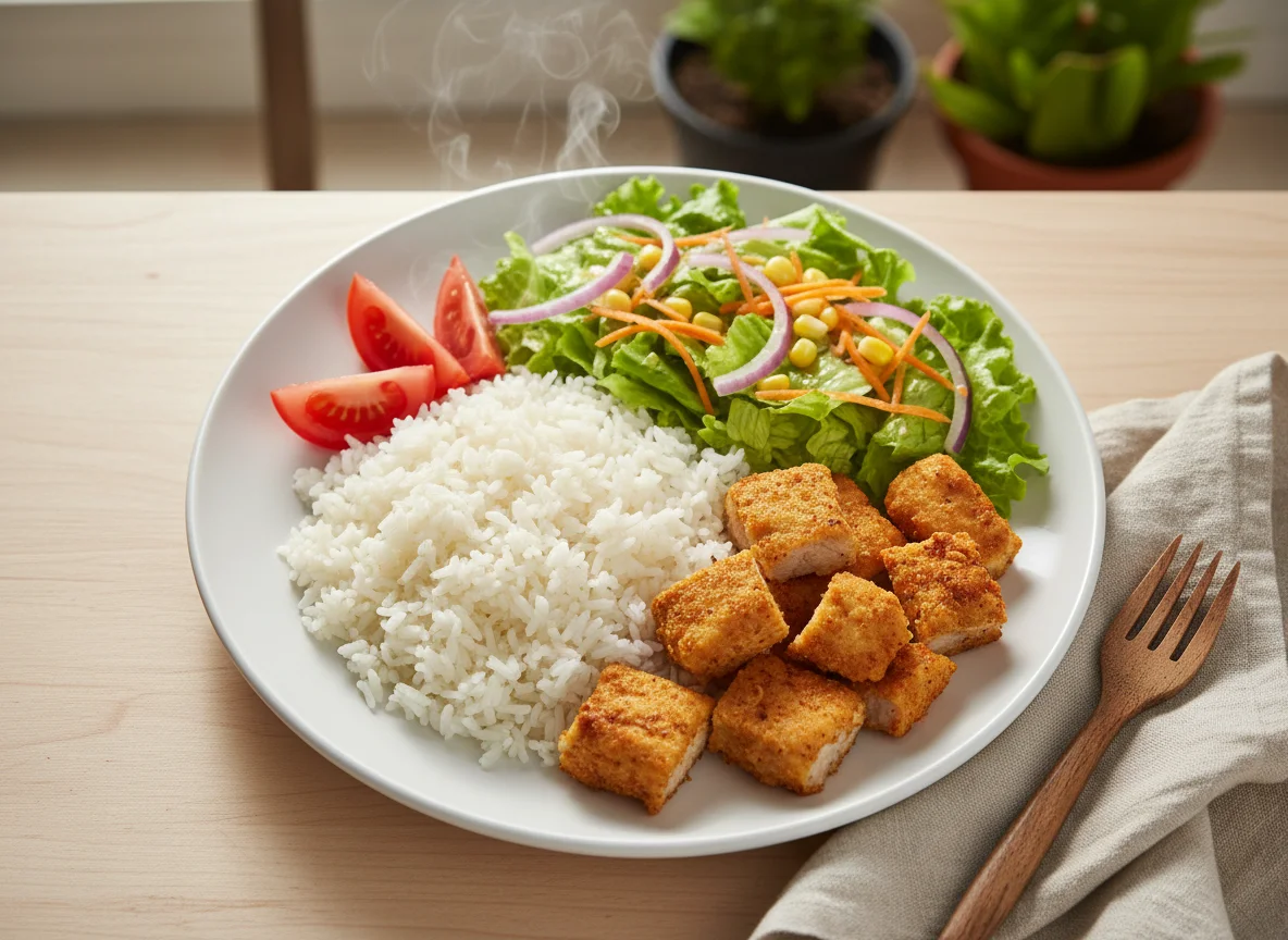 Arroz con ensalada y trozos de carne apanada photo