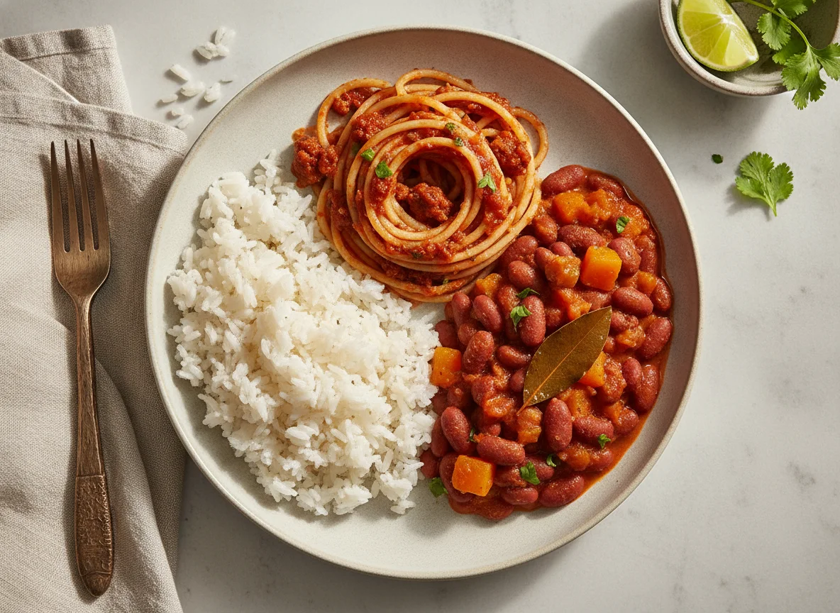 Arroz con espagueti y habichuelas guisadas photo