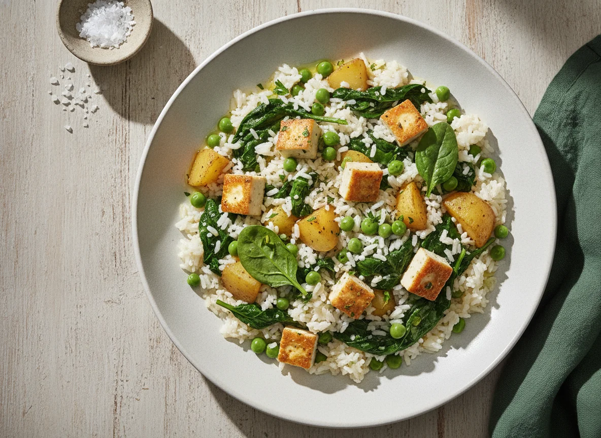 Arroz con espinacas, patatas, guisantes y tofu photo
