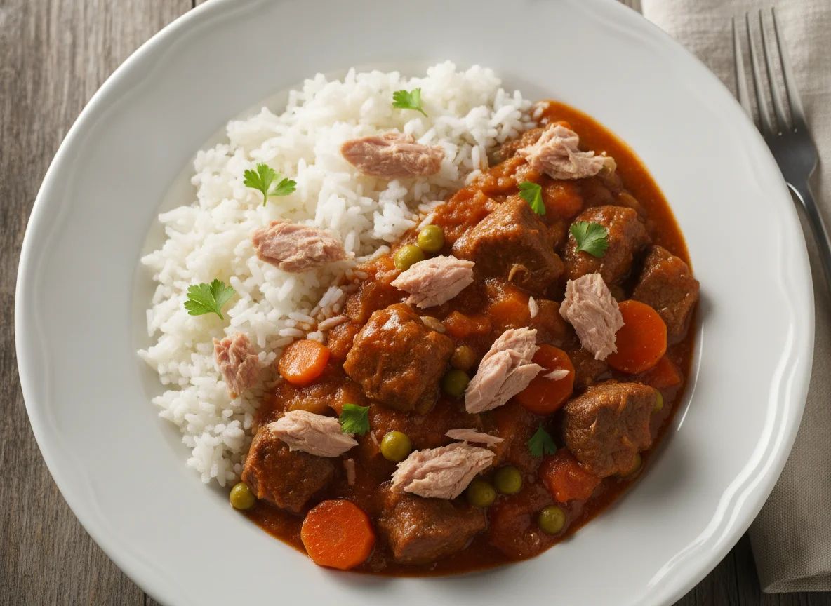 Arroz con estofado de carne y atún photo