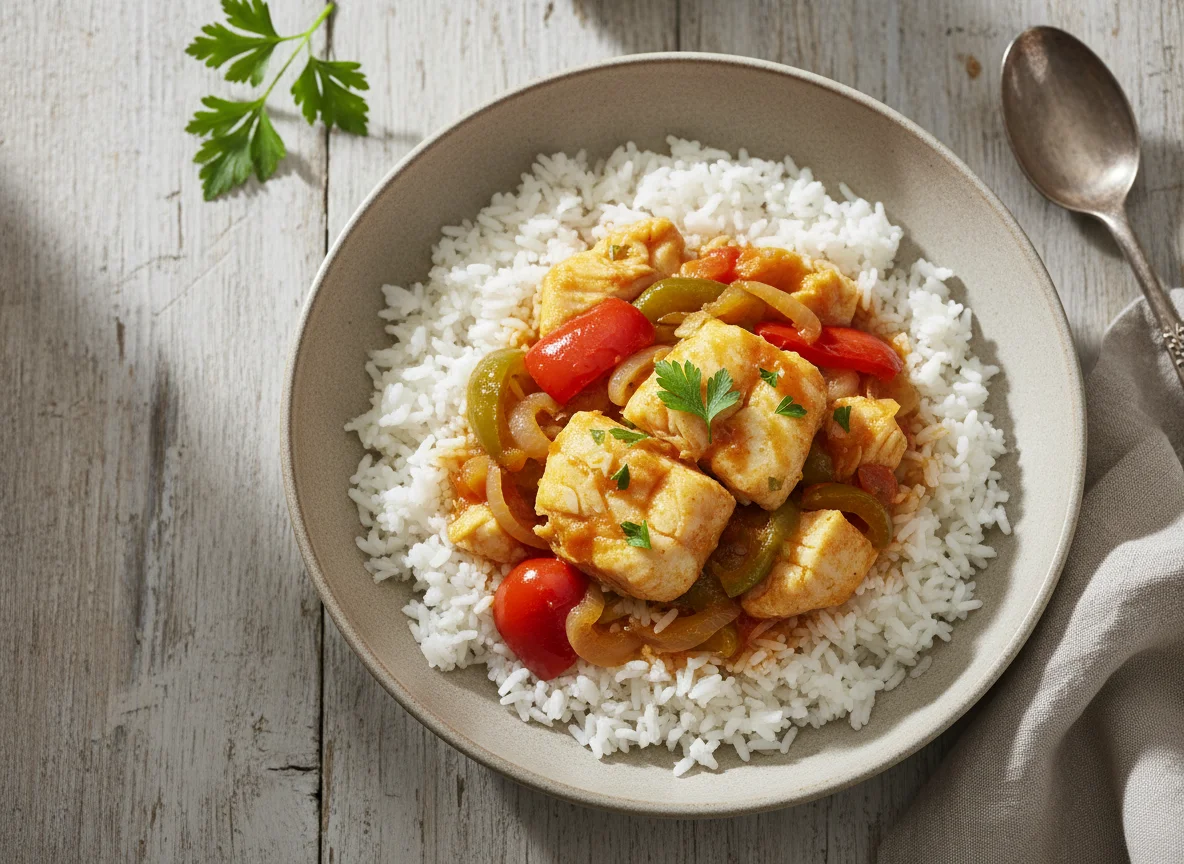 Arroz con estofado de pescado y verduras photo