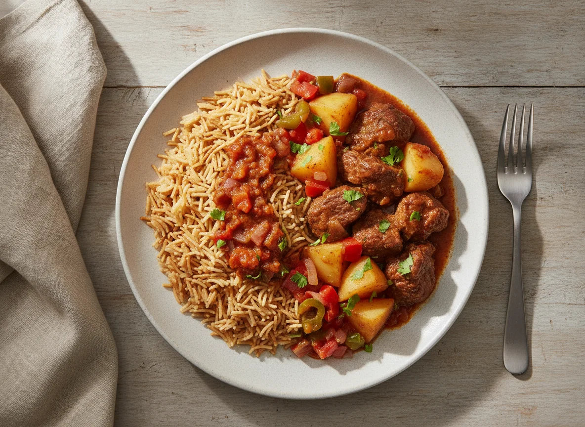 Arroz con fideos, carne guisada, papa y verduras photo