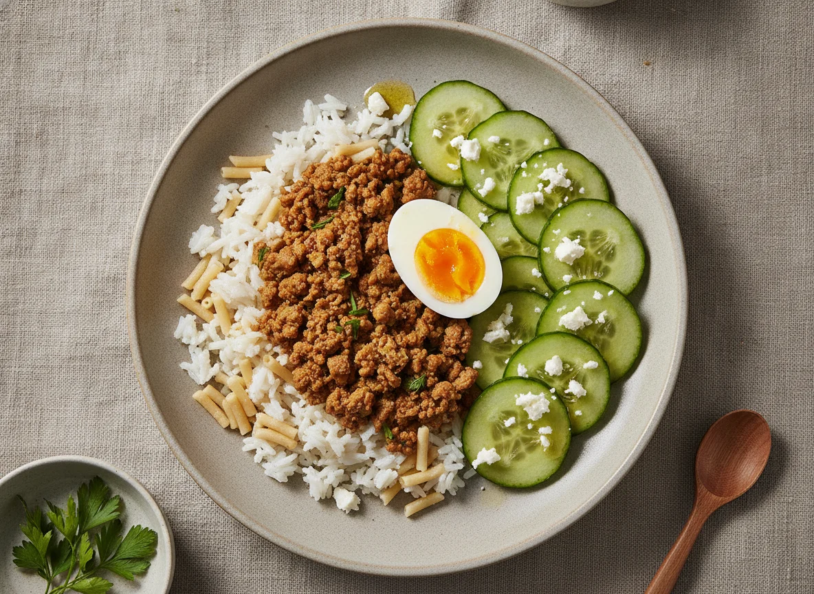 Arroz con fideos, carne picada vegetal, huevo y ensalada de pepino photo
