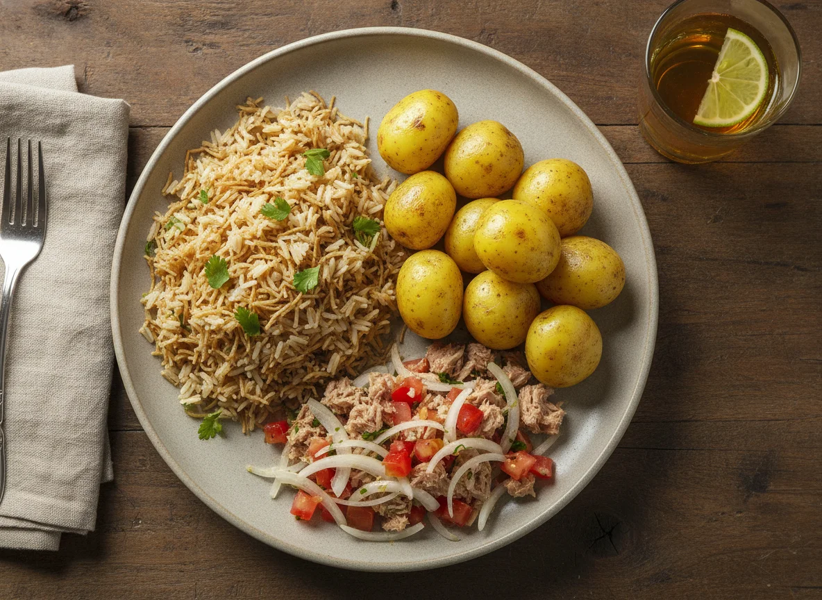 Arroz con fideos, papas criollas y ensalada de atún photo