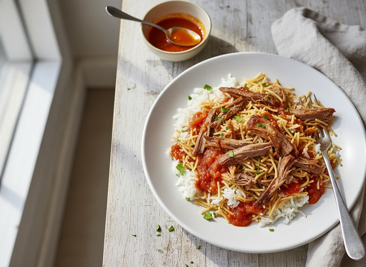 Arroz con fideos y carne deshebrada photo