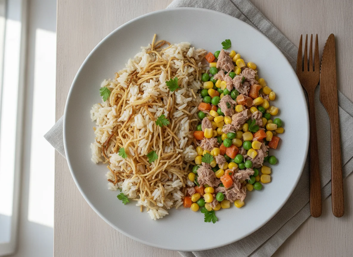 Arroz con fideos y ensalada de atún con vegetales photo