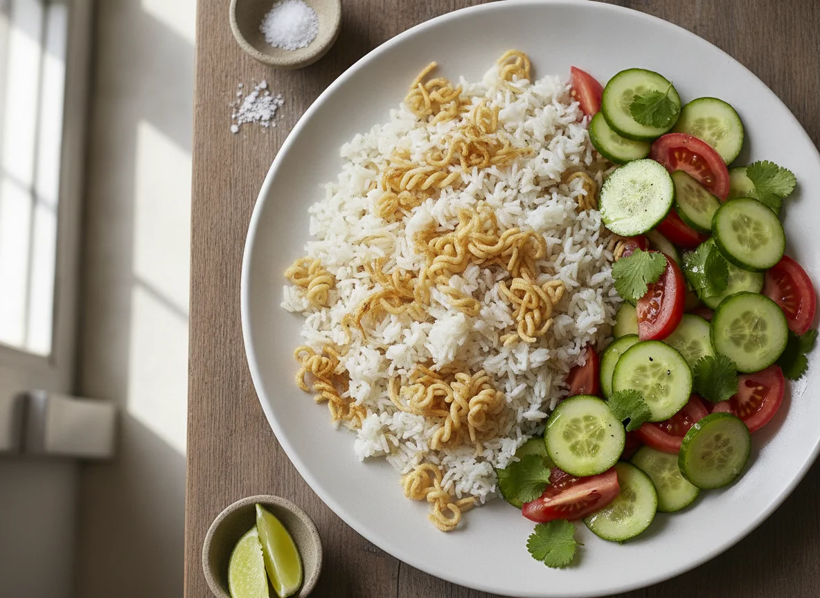 Arroz con fideos y ensalada fresca photo