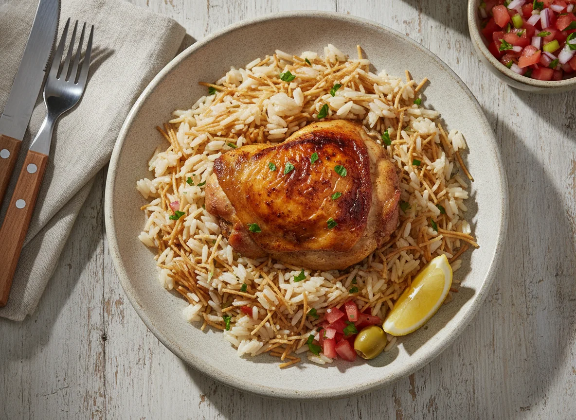 Arroz con fideos y muslo de pollo asado photo