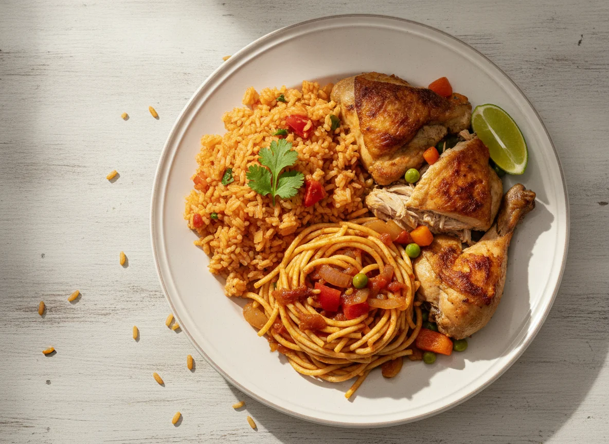 Arroz con fideos y pollo photo